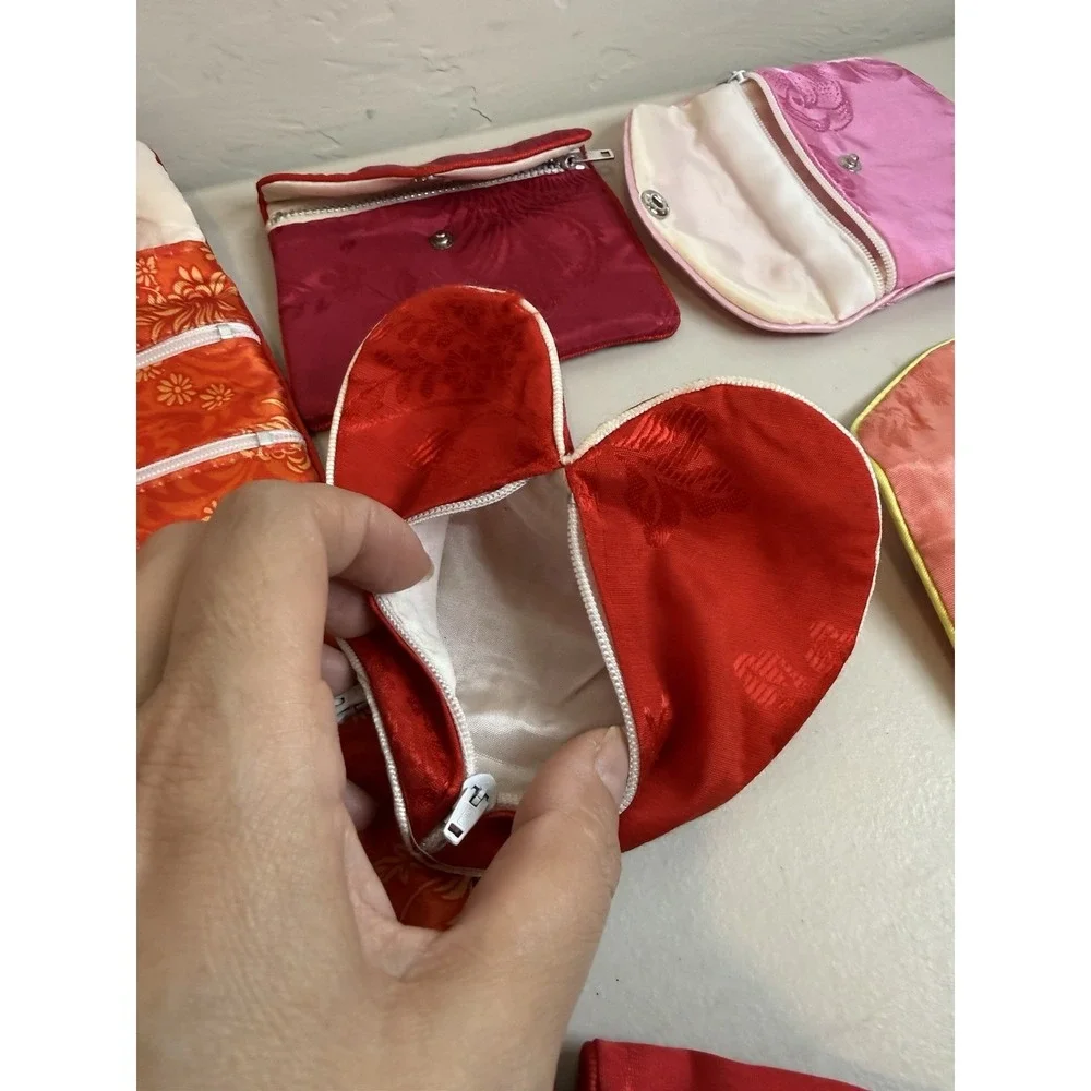 Vtg Chinese Silk Brocade Jewelry Pouch Lot Travel Roll Bag Envelope Heart Cases